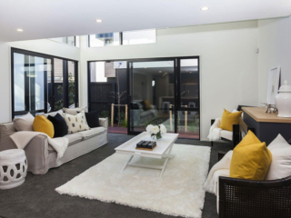 Living room with white fluffy rug